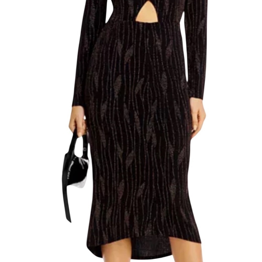 NWT AQUA Womens Black Metallic Wavy Stripe Mock Neck Midi Dress Size Large